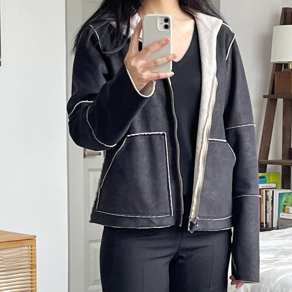 Faux Calfskin Bomber Jacket (w/ Hood)